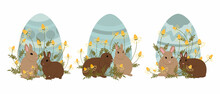 Set Of Illustrations For Easter. Pair Of Easter Bunnies Are Sitting Near A Large Decorated Easter Egg In A Thicket Of Daisies In Line Art Style. Vector Illustration