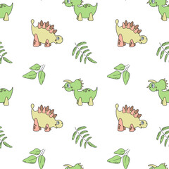 Cute children seamless pattern with two cartoon little dinosaurs and leaves. Nice illustration in light green colors for print, wallpaper, background, fabric, textile.