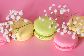 Wall Mural - French Macaroon or Macaroons and White Flowers on Pink Background Banner