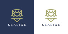 Seaside Holiday Resort Line Icon. Gold Luxury Beach Hotel Villas Logo. Nature Sunset Boutique Spa Symbol. Sunshine And Sea Summer Vacation Travel Emblem. Vector Illustration.