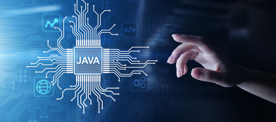 Java programming language application and web development concept on virtual screen.