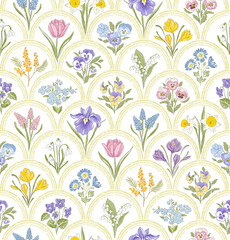 spring garden variety flowers in rainbow medallion hand drawn vector seamless pattern. vintage roman