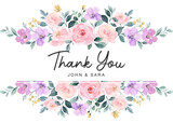 Fototapeta  - Thank you card with cute pink purple flower watercolor