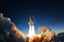 Successful Launch Of The Space Shuttle In Smoke And Blastoff. The Rocket Flies Upward. Startup Launch, Concept