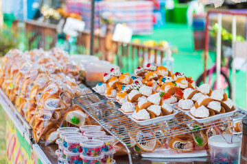 Handmade Thai snack crispy pancakes (khanom buang). The traditional Thai dessert generally has 2 types of topping - salty and sweet ,very popular among tourists in street food of Bangkok,Thailand.