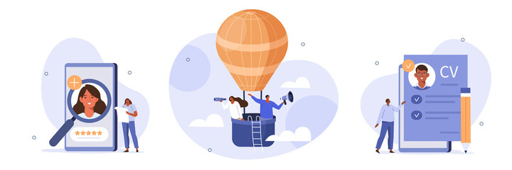 Wall Mural - hiring illustration set. hr managers flying on air balloon, searching job candidate and reading cv. 