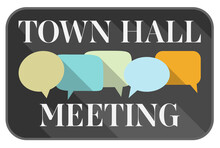 Town Hall Meeting Sign Or Sticker With Speech Bubbles, Vector Illustration