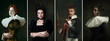 Leinwandbild Motiv Set of young people in image of historical, medieval persons in vintage clothing on dark background. Concept of comparison of eras, modernity.