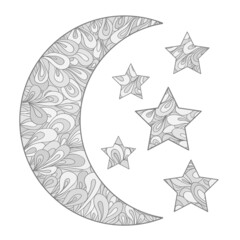 Wall Mural - Crescent on white. Moon and stars with abstract patterns on isolation background. Zentangle. Design for spiritual relaxation for adults. Black and white illustration for anti stress colouring page