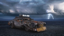 Fantasy Zombie Apocalypse Concept Armoured Car In A Barren Desert Landscape With Storm Clouds And Lightning In The Sky. 3D Illustration.