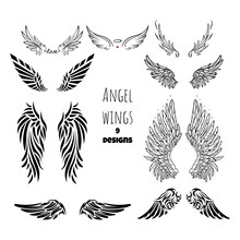 Angel Wings Tattoo Collection. Isolated Black Stencils. Romantic Doodle. Gothic Designs