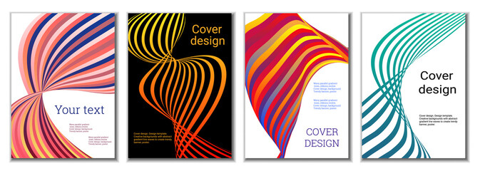 A set of 4 abstract covers. Wavy parallel gradient lines, ribbons evolve. Cover design, background. Trendy banner, poster.