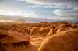 © Alyse - Hoodoo formations, created by sandstone erosion, in a desert landscape in Goblin Valley State Park on a rainy spring day.