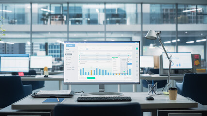 Leinwandbilder - Desktop Computer Monitor with Finance Statistical Data Software and Progressive User Interface Standing on the Desk in the Modern Business Office. In the Background Glass Wall with Big City Office.