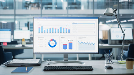 Leinwandbilder - Desktop Computer Monitor with Finance Statistical Data Software and Progressive User Interface Standing on the Desk in the Modern Business Office. In the Background Glass Wall with Big City Office.