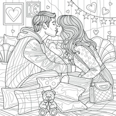 Wall Mural - The couple kisses on the bed.Coloring book antistress for children and adults. Illustration isolated on white background.Zen-tangle style. Hand draw