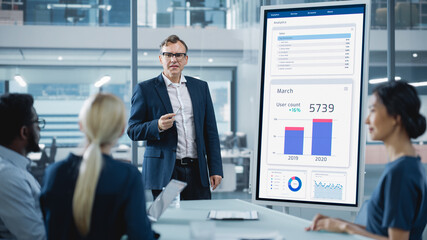 Company Operations Manager Holds Meeting Presentation for a Team of Economists. Adult Male Uses Digital Whiteboard with Growth Analysis, Charts, Statistics and Data. People Work in Business Office.