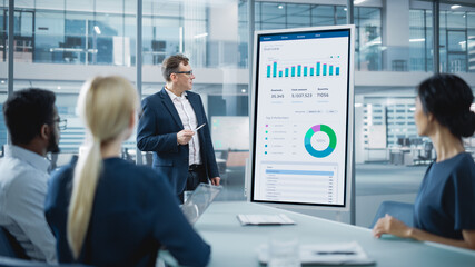 Aufkleber - Company Operations Manager Holds Meeting Presentation for a Team of Economists. Adult Male Uses Digital Whiteboard with Growth Analysis, Charts, Statistics and Data. People Work in Business Office.