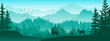 Horizontal banner. Silhouette of deer, doe, fawn standing on meadow. Mountains and forest in the background. Magical misty landscape, trees, animals, grass. Green illustration, bookmark. 