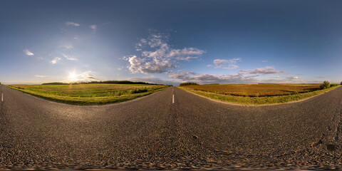 Wall Mural - full seamless spherical hdr panorama 360 degrees angle view on asphalt road among fields in summer e