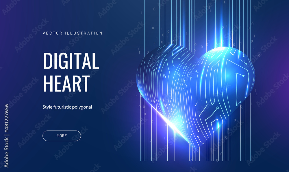 Digital heart glows in a futuristic style. 3d model with a board ...
