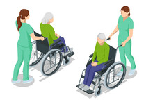 Isometric Elderly Patient In Wheelchair And His Caregiver At Retirement Home. Doctor Take Care Of A Man Patient Sitting In A Wheelchair In A Hospital.