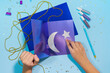 Diy Ramadan kareem card with silver crescent moon and a star. Gift idea, decor Ramadan kareem. Step by step. Top view.