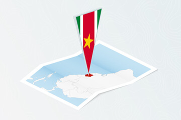 Wall Mural - Isometric paper map of Suriname with triangular flag of Suriname in isometric style. Map on topographic background.
