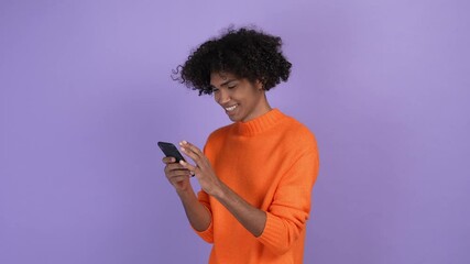 millennial guy use app gadget share comment isolated vivid color background