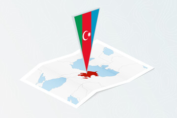 Wall Mural - Isometric paper map of Azerbaijan with triangular flag of Azerbaijan in isometric style. Map on topographic background.