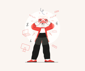 Wall Mural - Startup illustration. Flat line vector modern concept illustration of a young man, startup metaphor. Concept of building new business, planning and strategy, teamwork and management, company processes