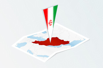 Wall Mural - Isometric paper map of Iran with triangular flag of Iran in isometric style. Map on topographic background.