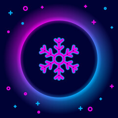 Poster - Glowing neon line Snowflake icon isolated on black background. Colorful outline concept. Vector