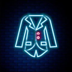 Sticker - Glowing neon line Blazer or jacket icon isolated on brick wall background. Colorful outline concept. Vector