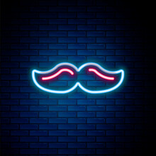 Glowing Neon Line Mustache Icon Isolated On Brick Wall Background. Barbershop Symbol. Facial Hair Style. Colorful Outline Concept. Vector