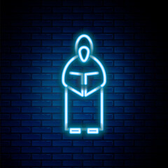 Poster - Glowing neon line Monk icon isolated on brick wall background. Colorful outline concept. Vector