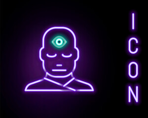 Poster - Glowing neon line Man with third eye icon isolated on black background. The concept of meditation, vision of energy, aura. Colorful outline concept. Vector