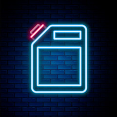 Sticker - Glowing neon line Canister for gasoline icon isolated on brick wall background. Diesel gas icon. Colorful outline concept. Vector