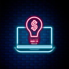 Poster - Glowing neon line Business light bulb with dollar on laptop screen icon isolated on brick wall background. User touch screen. Colorful outline concept. Vector