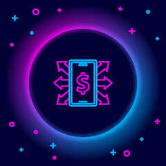 Sticker - Glowing neon line Smartphone with dollar symbol icon isolated on black background. Online shopping concept. Financial mobile phone icon. Online payment. Colorful outline concept. Vector