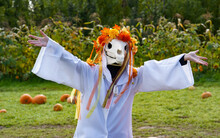 A Young Girl Dressed In A Mari Lwyd Halloween Costume