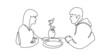 Happy couple at romantic date monochrome continuous line vector illustration. Simple hand drawn sketch man and woman sitting at table restaurant spending time together isolated. Honeymoon dating
