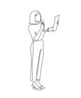 Female artist reading text paper sheet talking into microphone performance stage continuous line