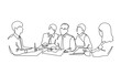 Group of people working continuous one line vector drawing. Students preparing to exams, doing homework hand drawn characters. Coworking. Job meeting, discussion.