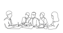 Group Of People Working Continuous One Line Vector Drawing. Students Preparing To Exams, Doing Homework Hand Drawn Characters. Coworking. Job Meeting, Discussion.
