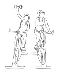 Two woman at cycling class exercise bike spinning fitness continuous line vector illustration. Simple ink sports female training on gym equipment with dumbbell workout cycle training isolated