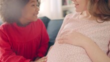 Curious Black Girl Listening Pregnant Mother's Belly Happy Family Expecting Baby