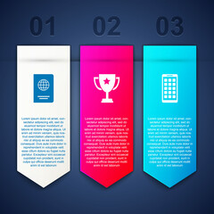 Sticker - Set Passport, Trophy cup and Mobile Apps. Business infographic template. Vector