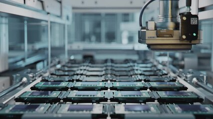 Shot of Production Line with Computer Processors on Electronics Factory. Microchip Manufacturing Process.