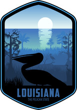 Louisiana Vector Label With Brown Pelican And Swamp Wetland Sea Coast